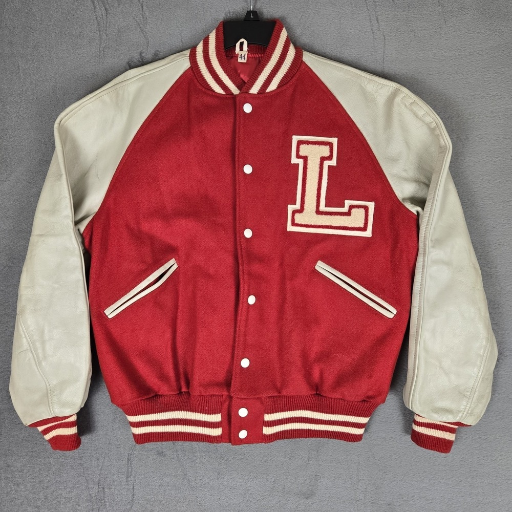 VTG 60s Butwin Varsity Jacket Mens 44 Red White Wool Leather Bomber "L" *READ